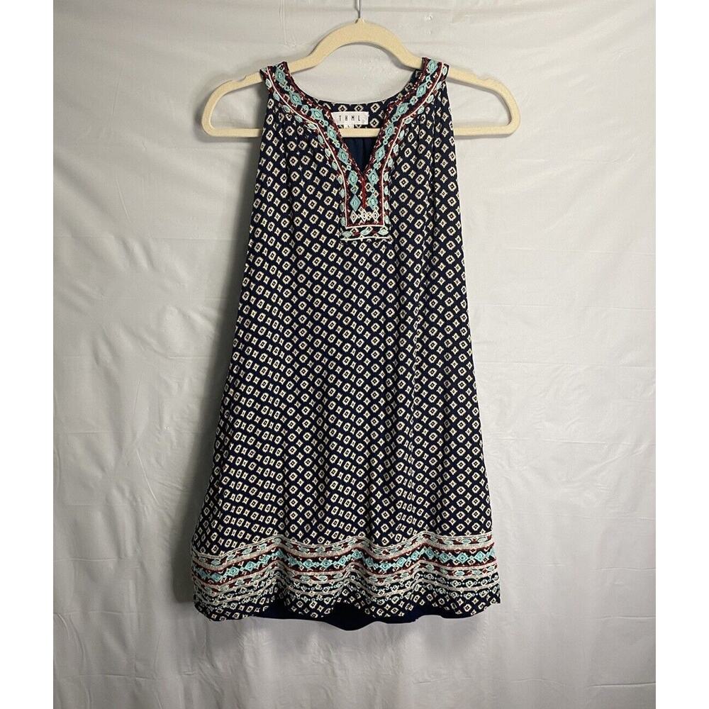 Anthropologie THML Womens Embroidered Tank Dress Geometric Aztec Navy Blue Large